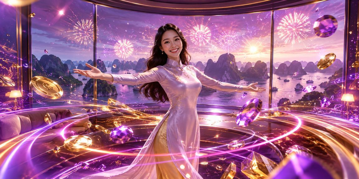 Người phụ nữ mặc áo dài đặt cược casino trực tuyến với cảnh Vịnh Hạ Long phía sau