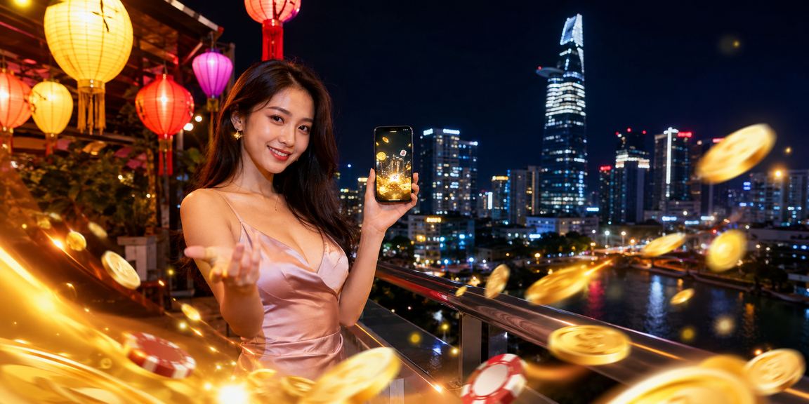 Không khí chơi bài buổi đêm tại TP. Hồ Chí Minh với đèn lồng lung linh phía sau