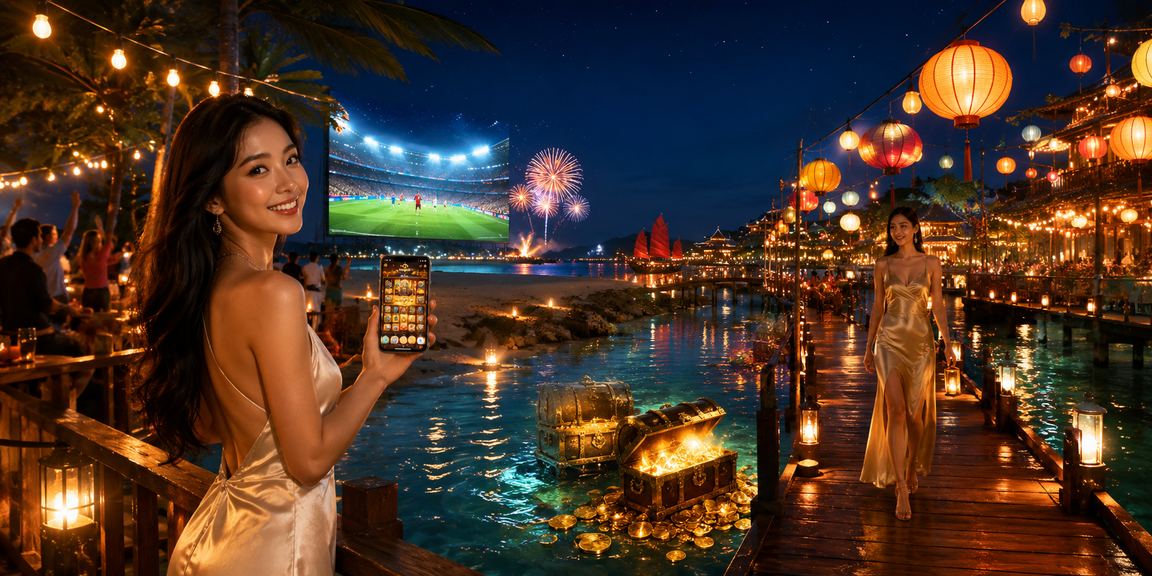 Người dùng chơi casino mobile tại chợ đêm Phú Quốc dưới ánh đèn lung linh